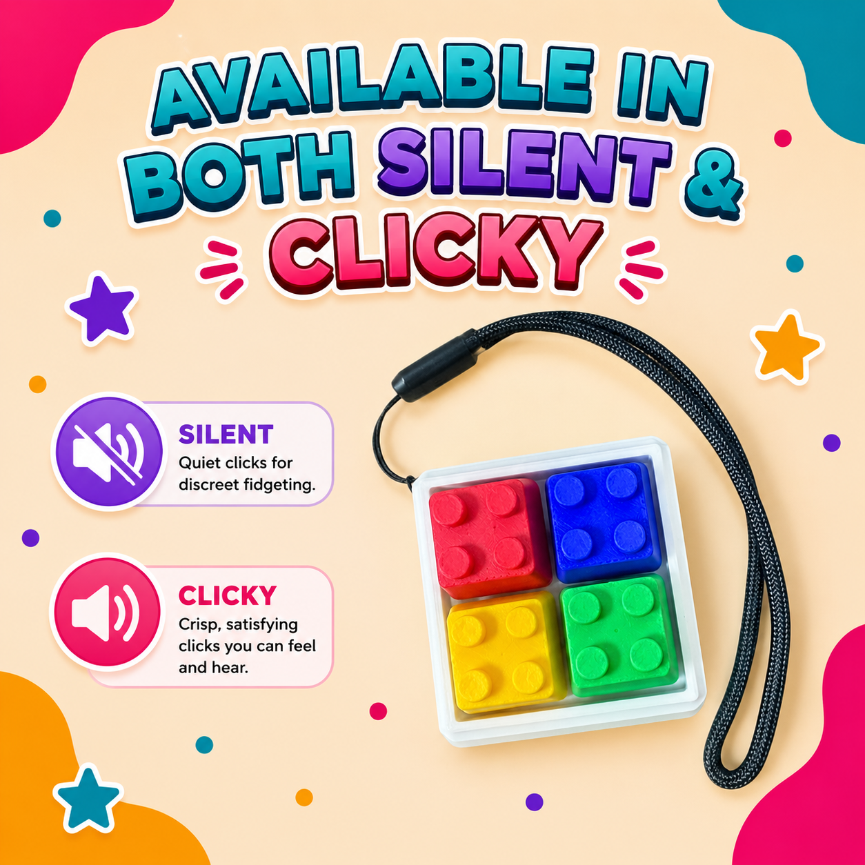 Lego Brick 2x2 Fidget Clicker With Strap