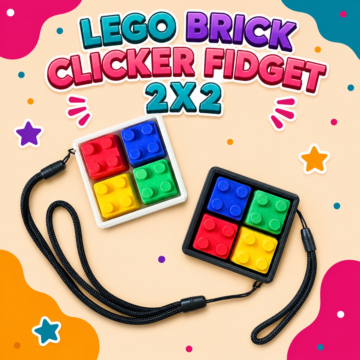 Lego Brick 2x2 Fidget Clicker With Strap